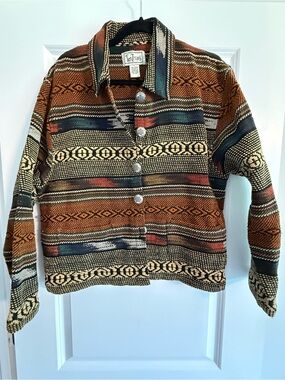 Southwest Aztec Jacket Womens L Boho Western Concho Buttons TanTrums Vintage